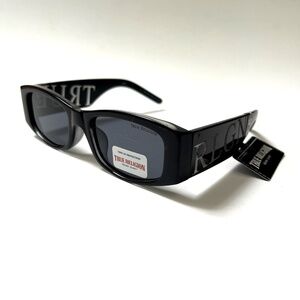 New Original TRUE RELIGION Sunglasses Slim Rectangle Wide Leg Logo Black Acetate